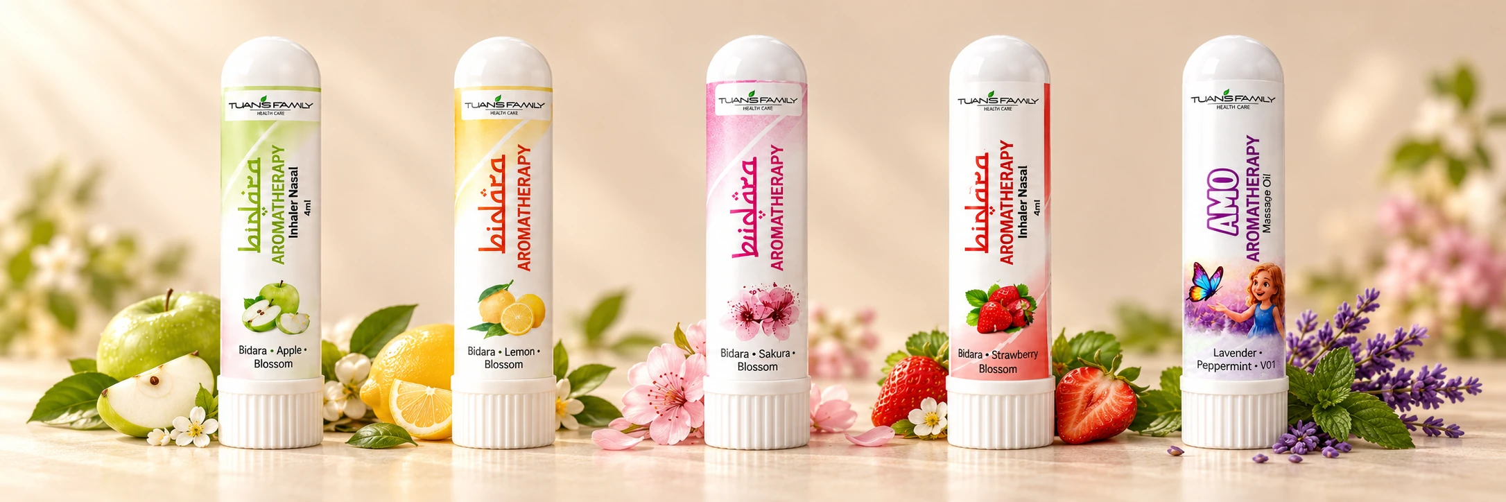 Koleksi Inhaler: Apple, Lemon, Sakura, Strawberry, AMO Lavender + Peppermint