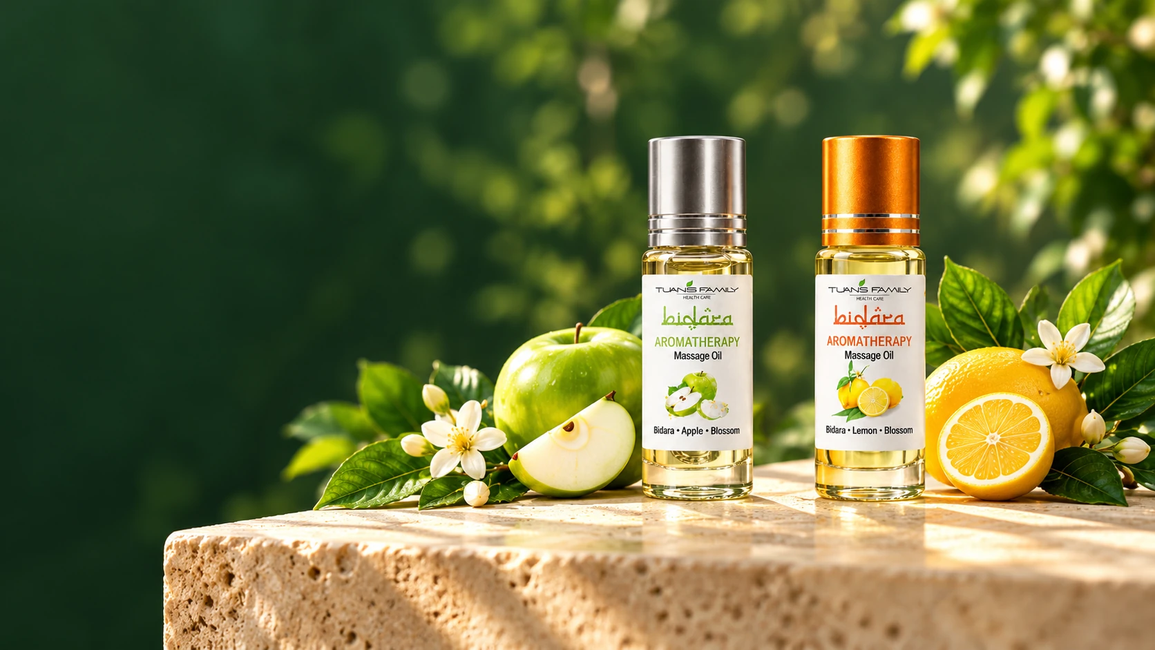Minyak Apple berpenutup silver dan Lemon berpenutup emas bersama buah dan bunga